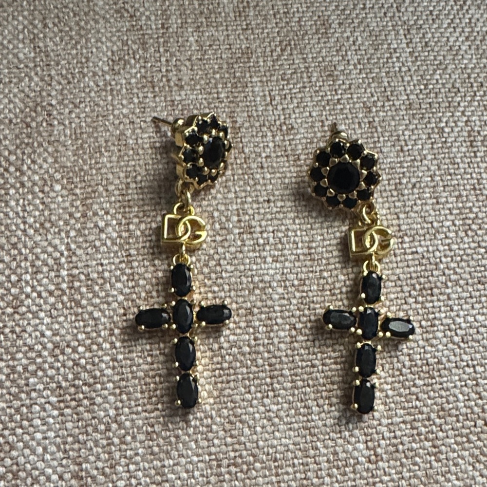 Gold-Tone Cross Drop Earrings with Black Stones
